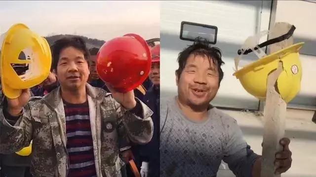 工人安全帽太脆被“领导帽”一撞就碎，拍摄者：结不结实没人管....